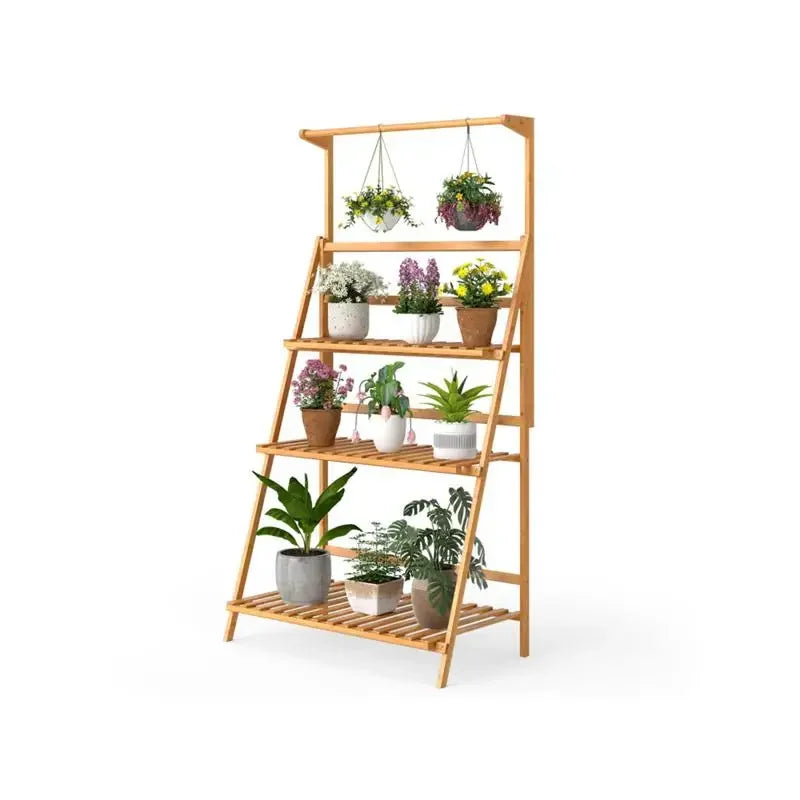 4-Tier Bamboo Hanging Plant Stand 2-in-1 Indoor Outdoor Display