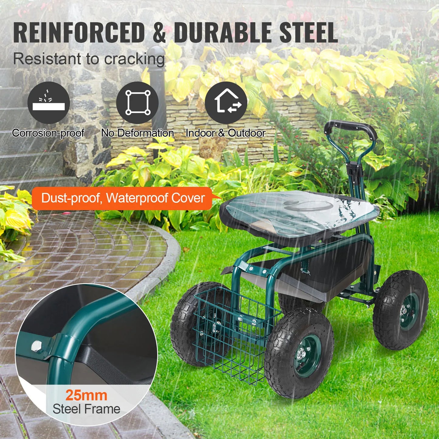 SucceBuy Garden Cart Rolling Workseat With Wheels 360 Degree Swivel
