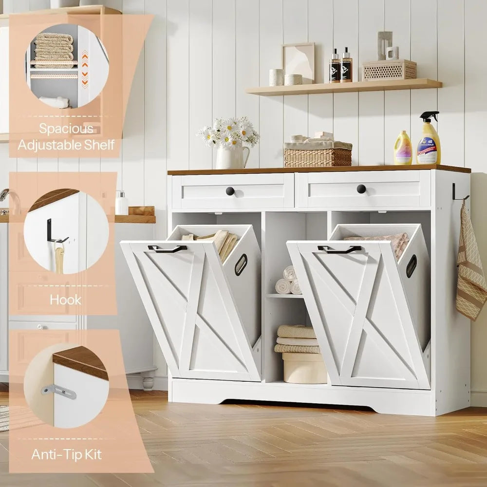 Double Tilt Out Laundry Hamper Cabinet With 2 Drawers And Shelves