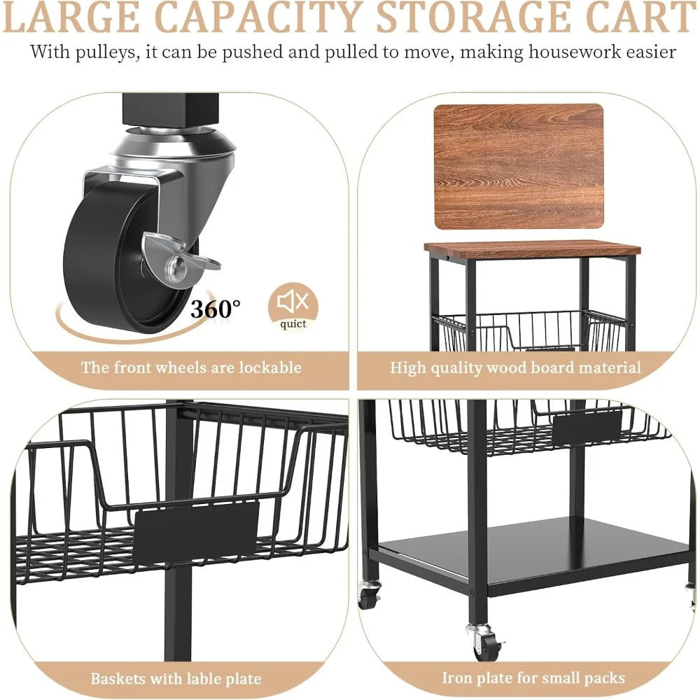 5-Tier Kitchen Storage Cart With Wood Top And Baskets
