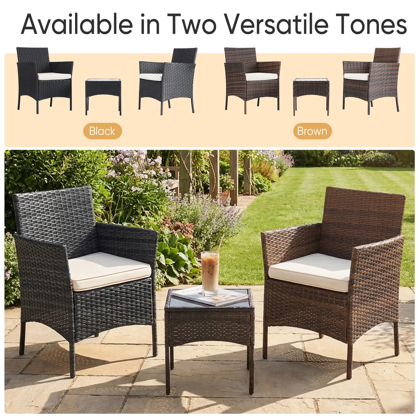 JHK 3-Piece Wicker Rattan Patio Furniture Set With Glass Table