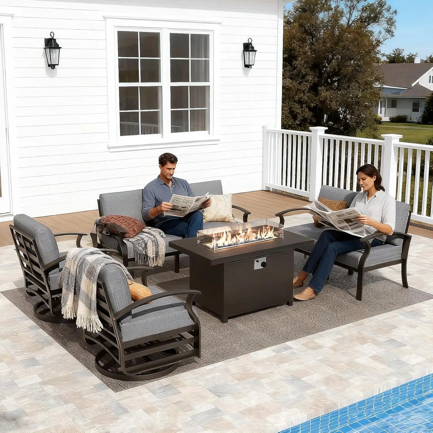 Aluminum Patio Furniture Set With Fire Pit And Waterproof Chairs