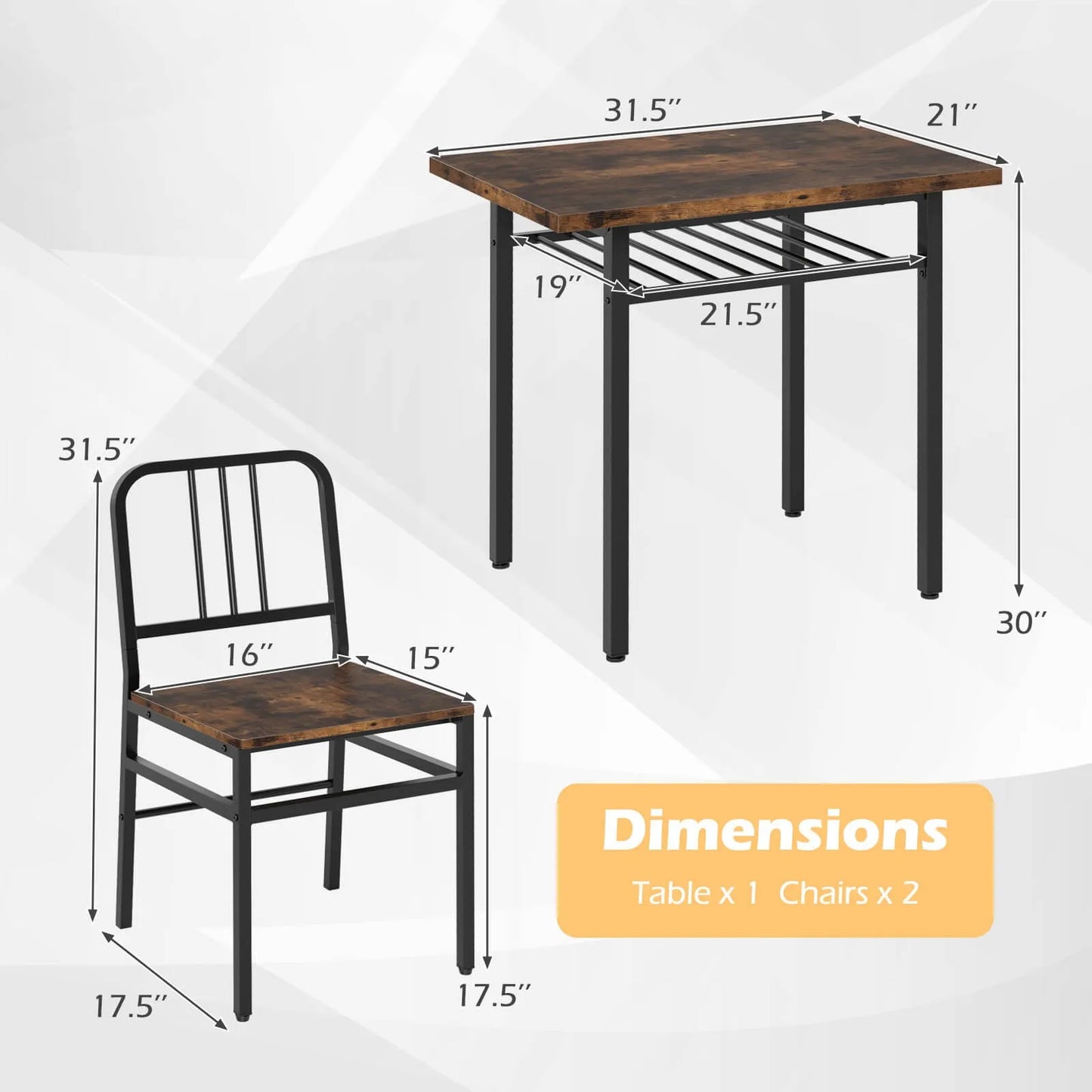 3 Piece Wooden Dining Table And Chairs Set With Storage