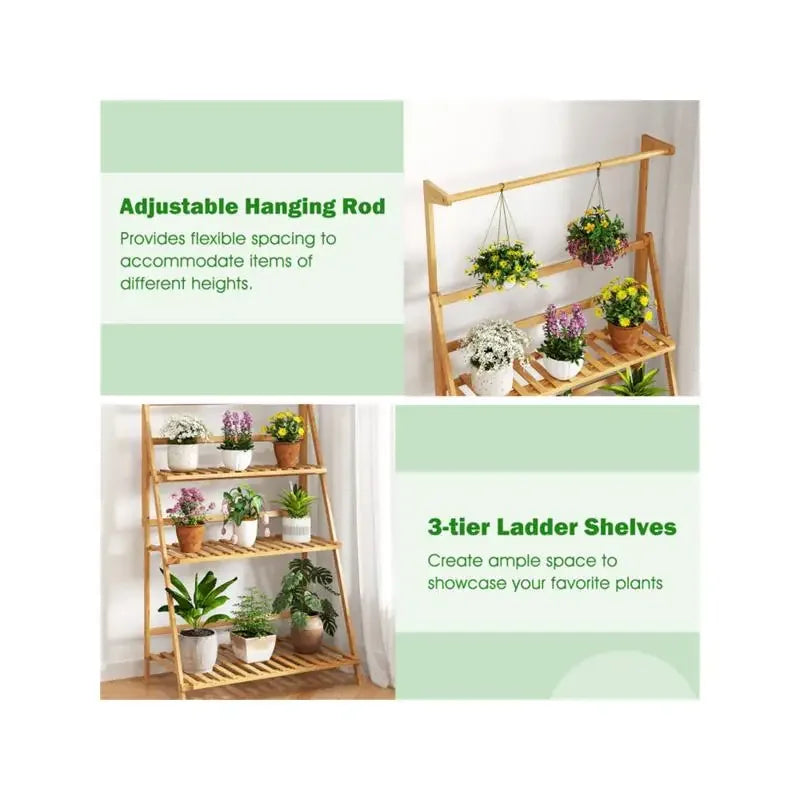 4-Tier Bamboo Hanging Plant Stand 2-in-1 Indoor Outdoor Display