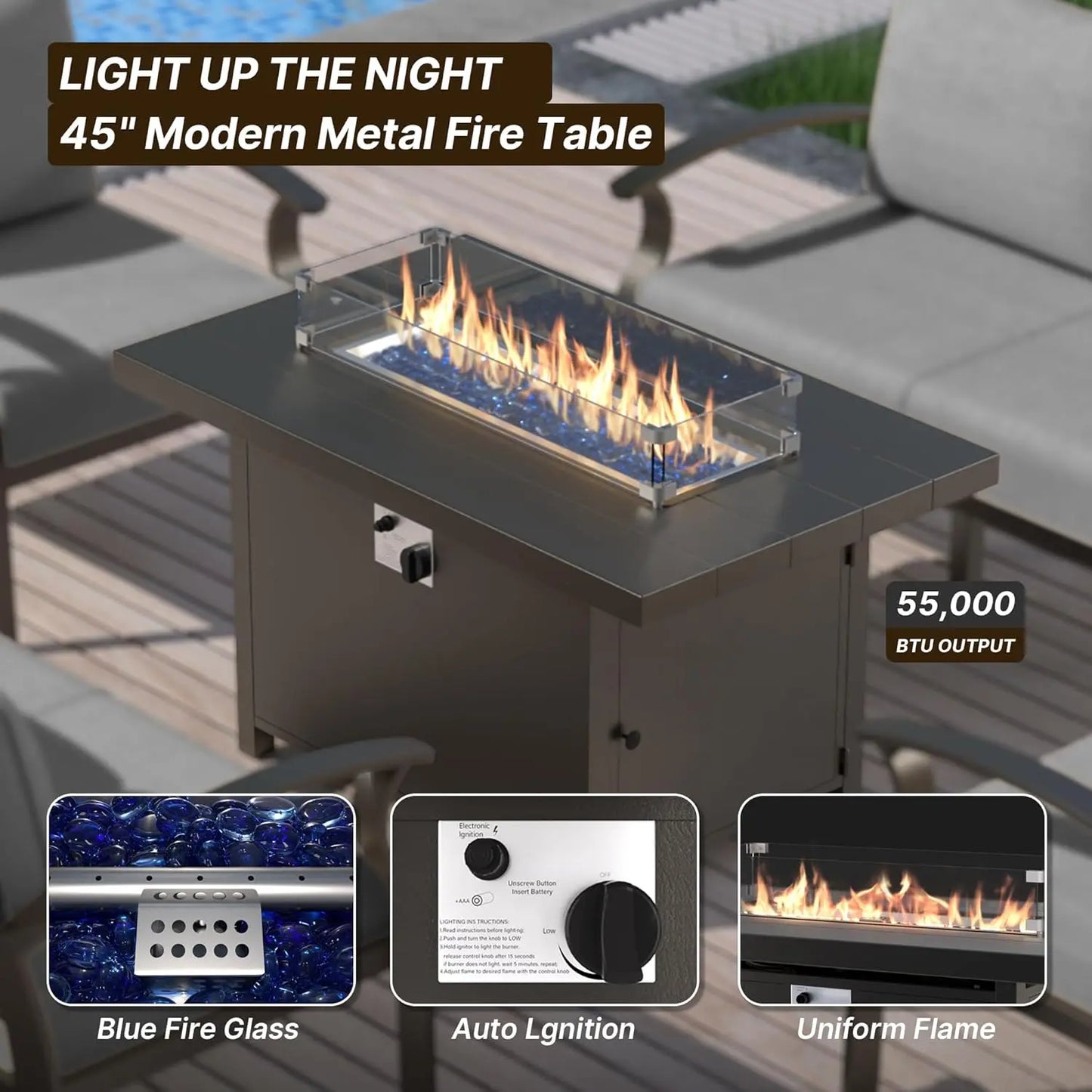 Aluminum Patio Furniture Set With Fire Pit And Waterproof Chairs