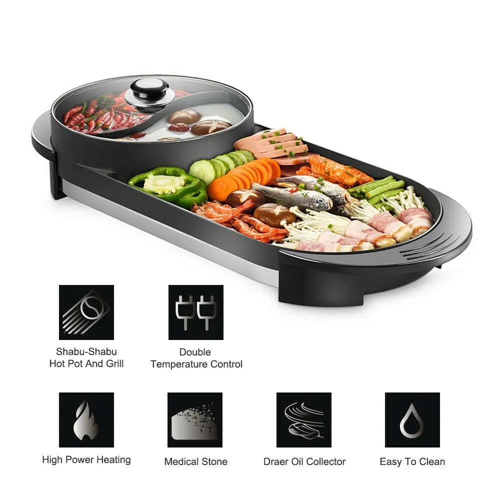 2 In 1 Portable Electric Hot Pot Grill Teppanyaki Pan
