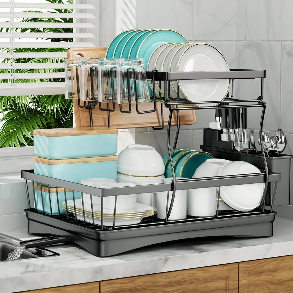 Removable Two Tier Dish Drying Rack For Kitchen Countertops