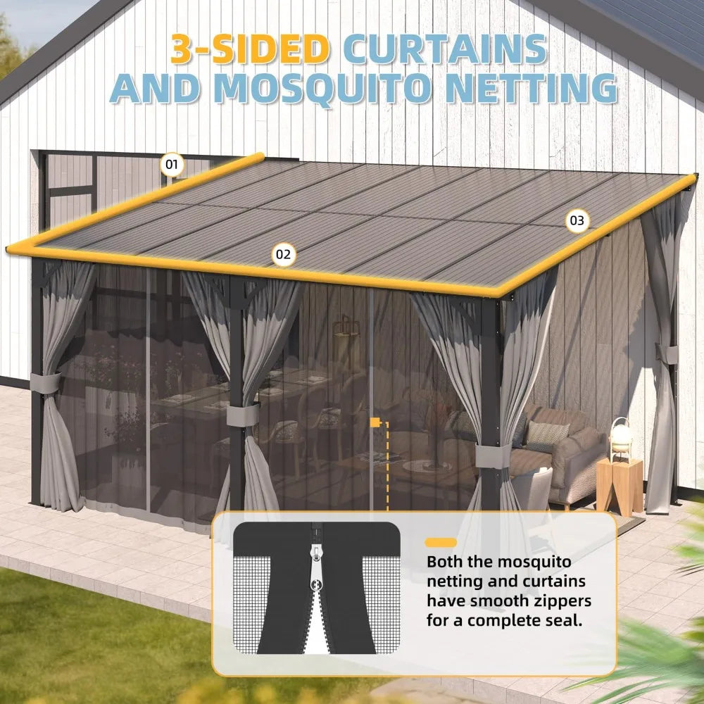 Hard Top Lean-To Gazebo Pergola Curtains Netting