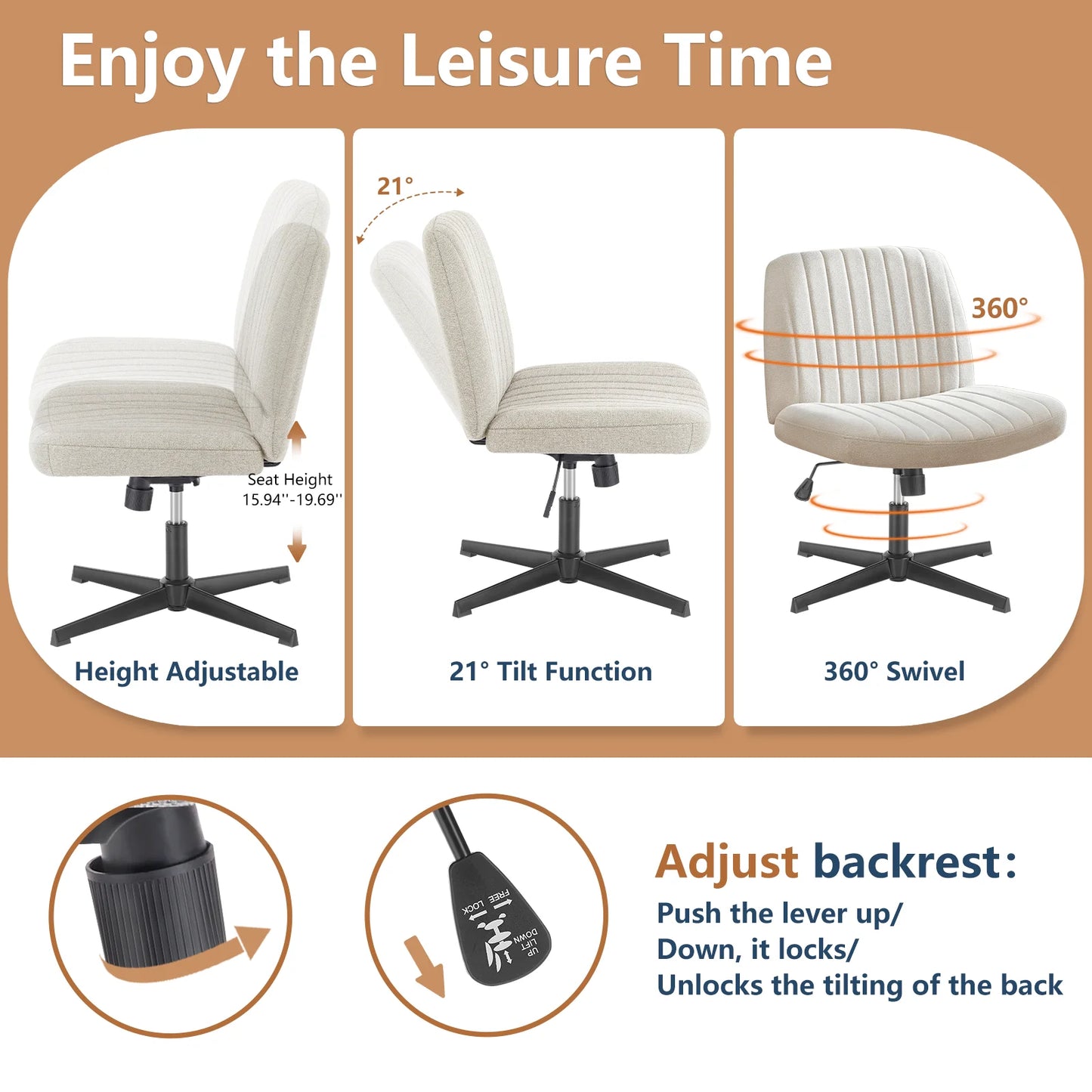 JHK Cross Legged Office Rocking Chair With Adjustable Swivel Desk