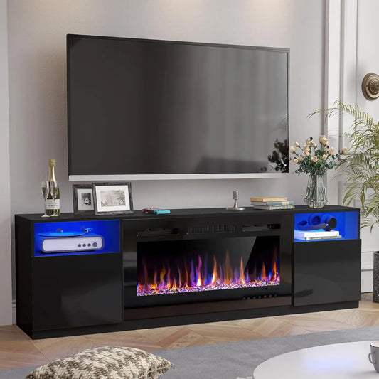 Electric Fireplace TV Stand With LED Lights Entertainment Center Storage