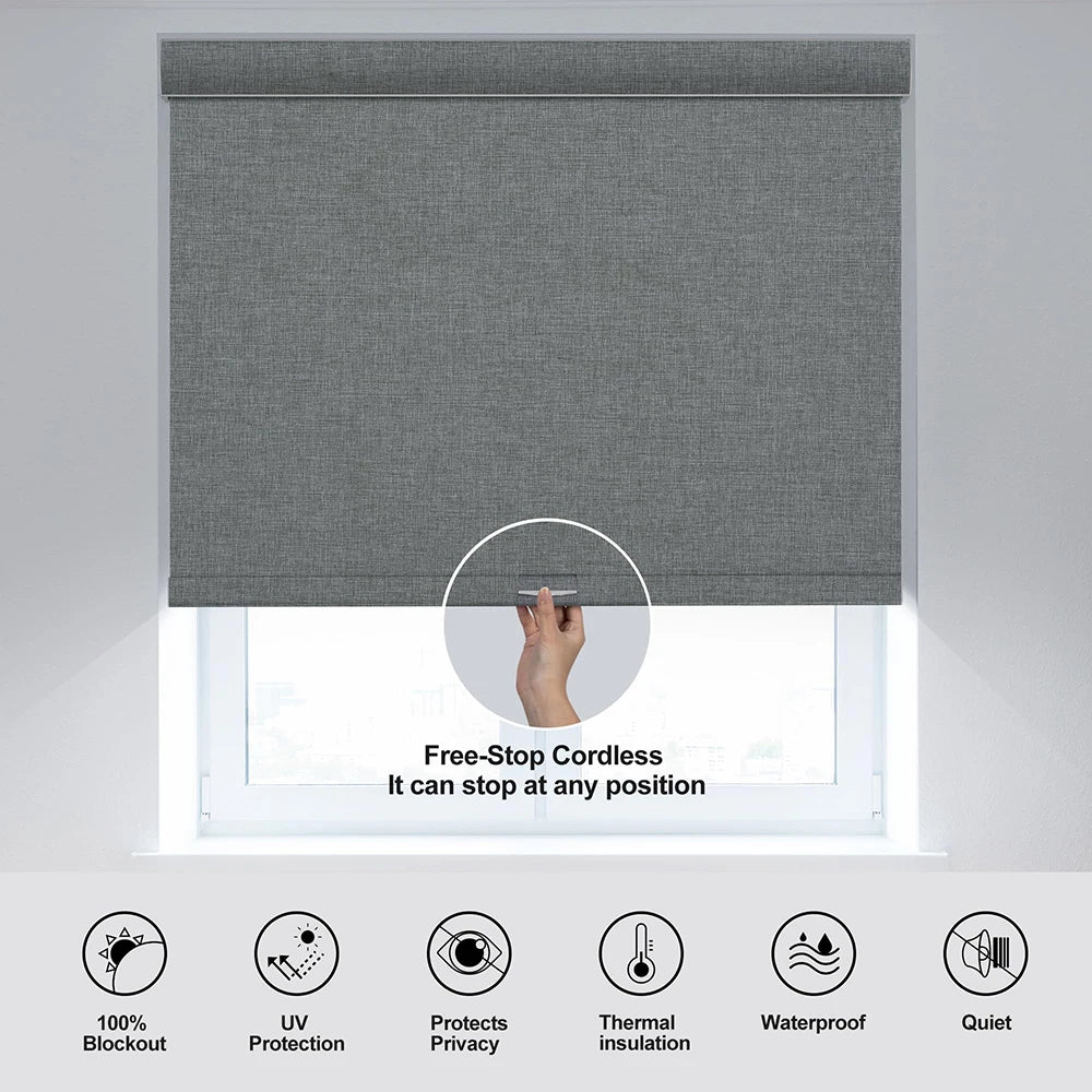 Pocageum Cordless Cassette Roller Shade Linen 100 Percent Blackout Blinds
