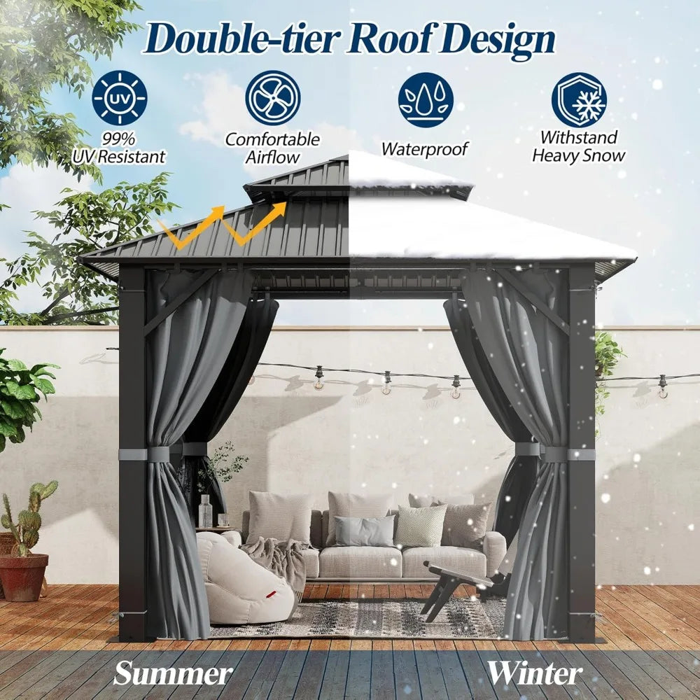 DUOFU Aluminum Hardtop Gazebo With Double Vent Roof Netting Curtains