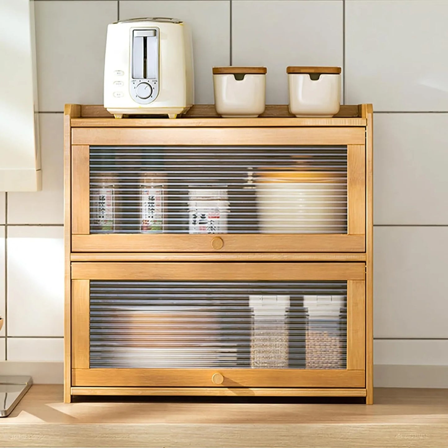 2-Tier Bamboo Kitchen Organizer Cabinet With Clear Acrylic Doors