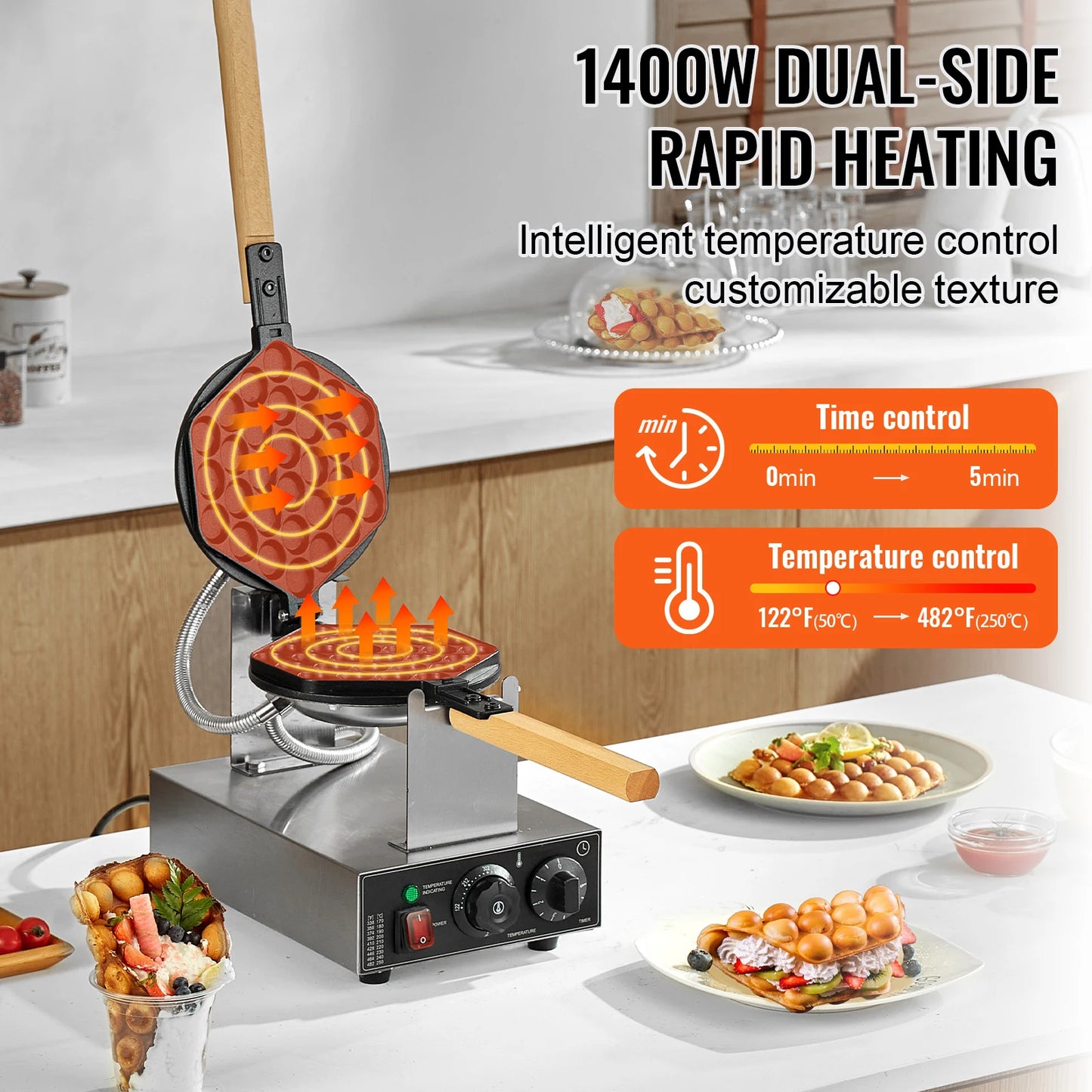 SucceBuy Commercial Egg Bubble Waffle Maker 1400W Nonstick Rotatable Two Pan