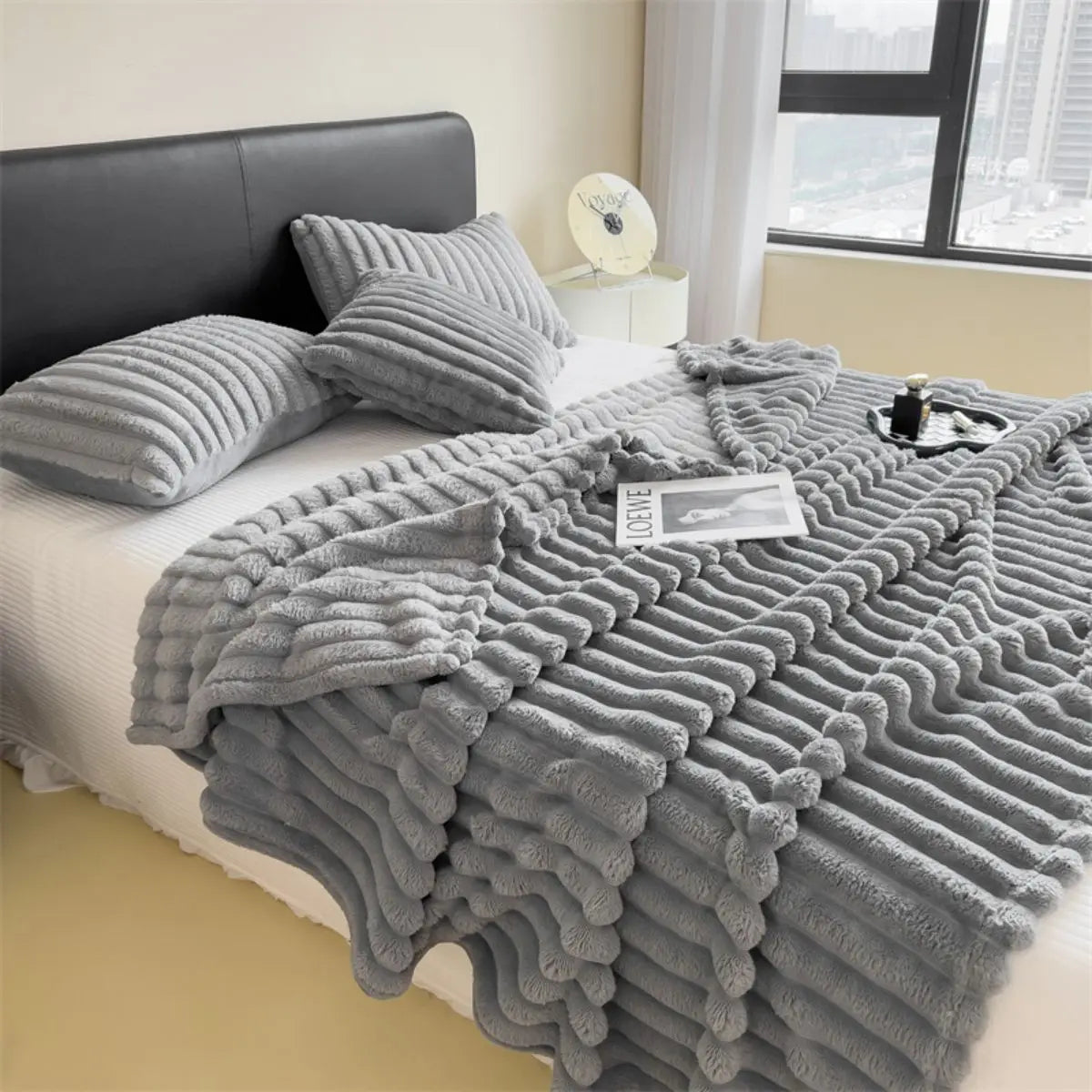 Thick Solid Color Wide Striped Multifunction Blanket for Bed