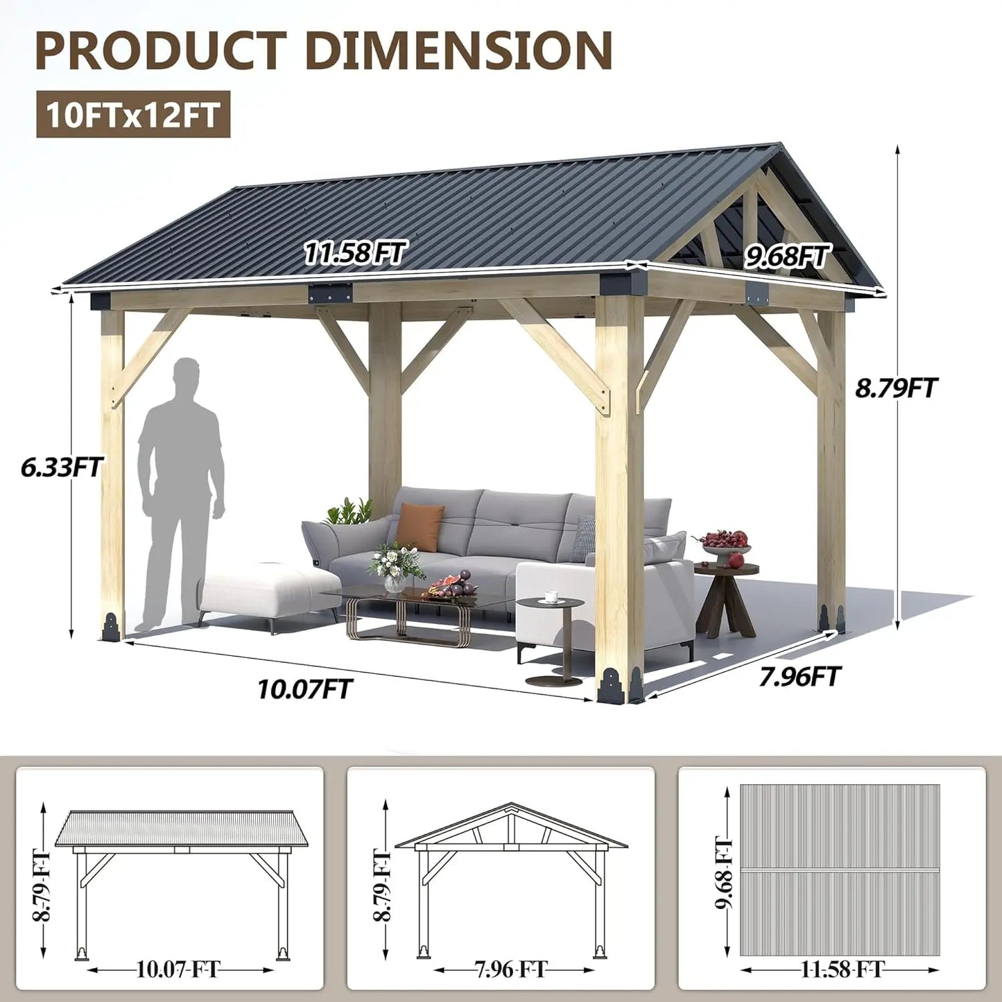 Cedar Wood Gazebo With Waterproof Steel Roof For Outdoor Patio