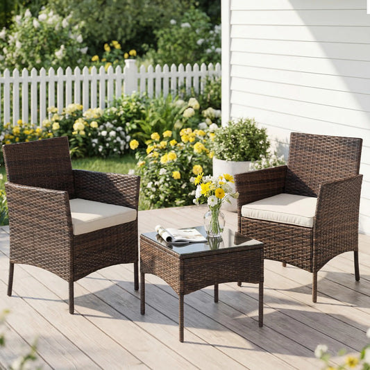 JHK 3-Piece Wicker Rattan Patio Furniture Set With Glass Table