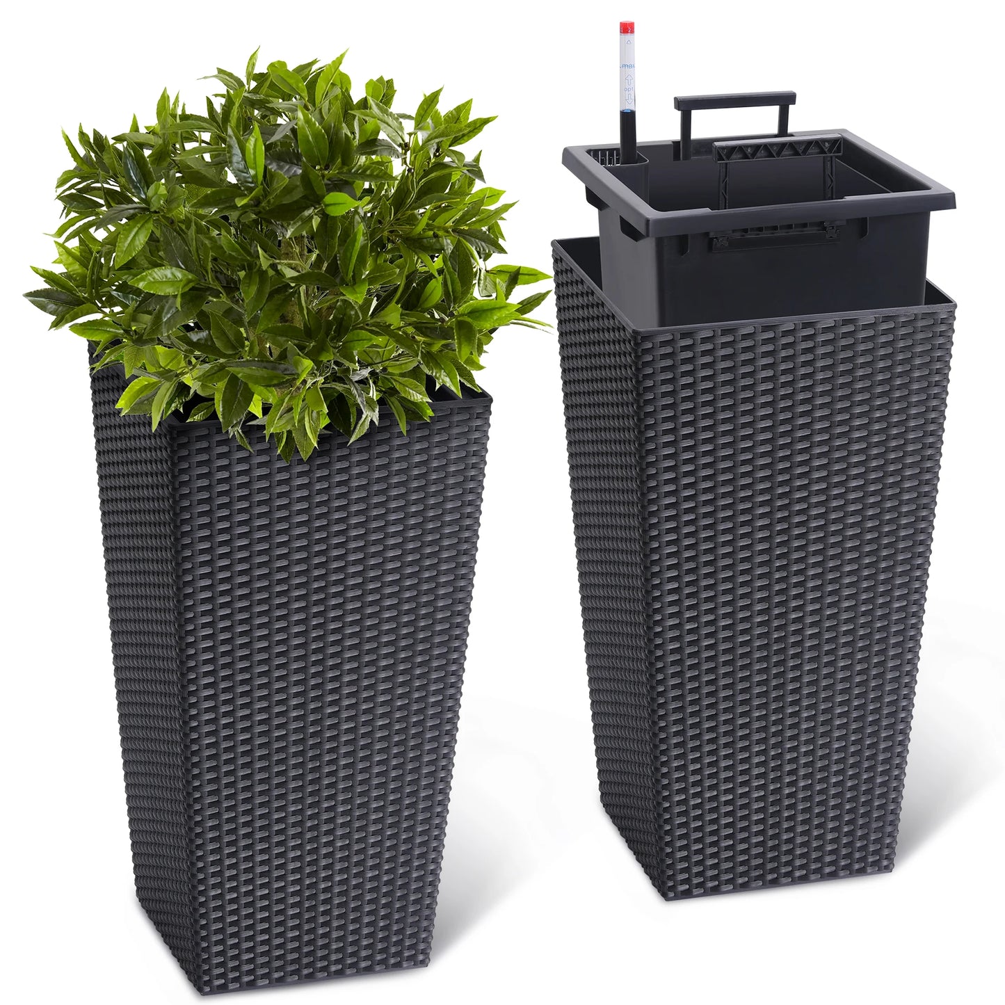 DishyKooker Rattan Planter Set With Water Level Monitor And Wheels