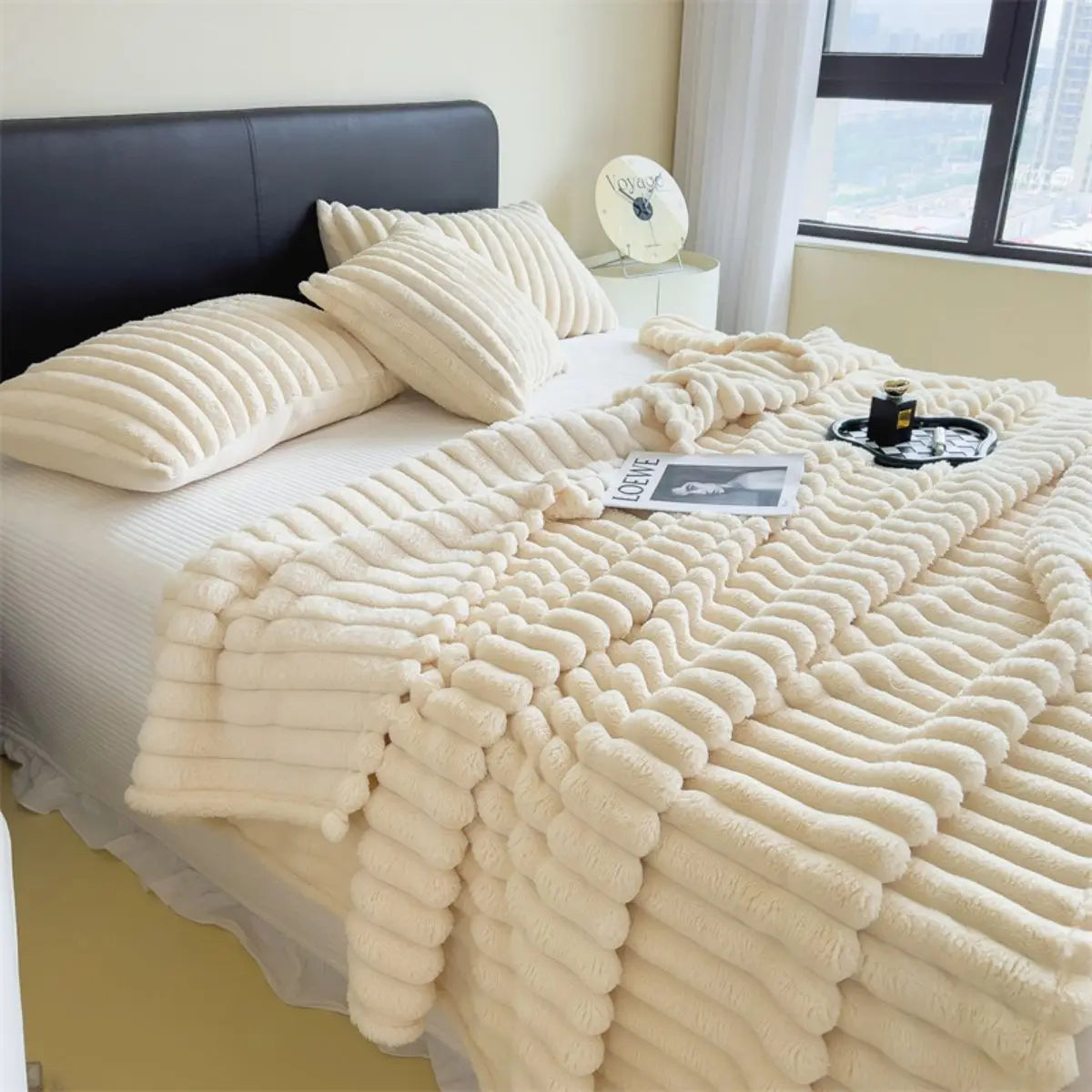 Thick Solid Color Wide Striped Multifunction Blanket for Bed