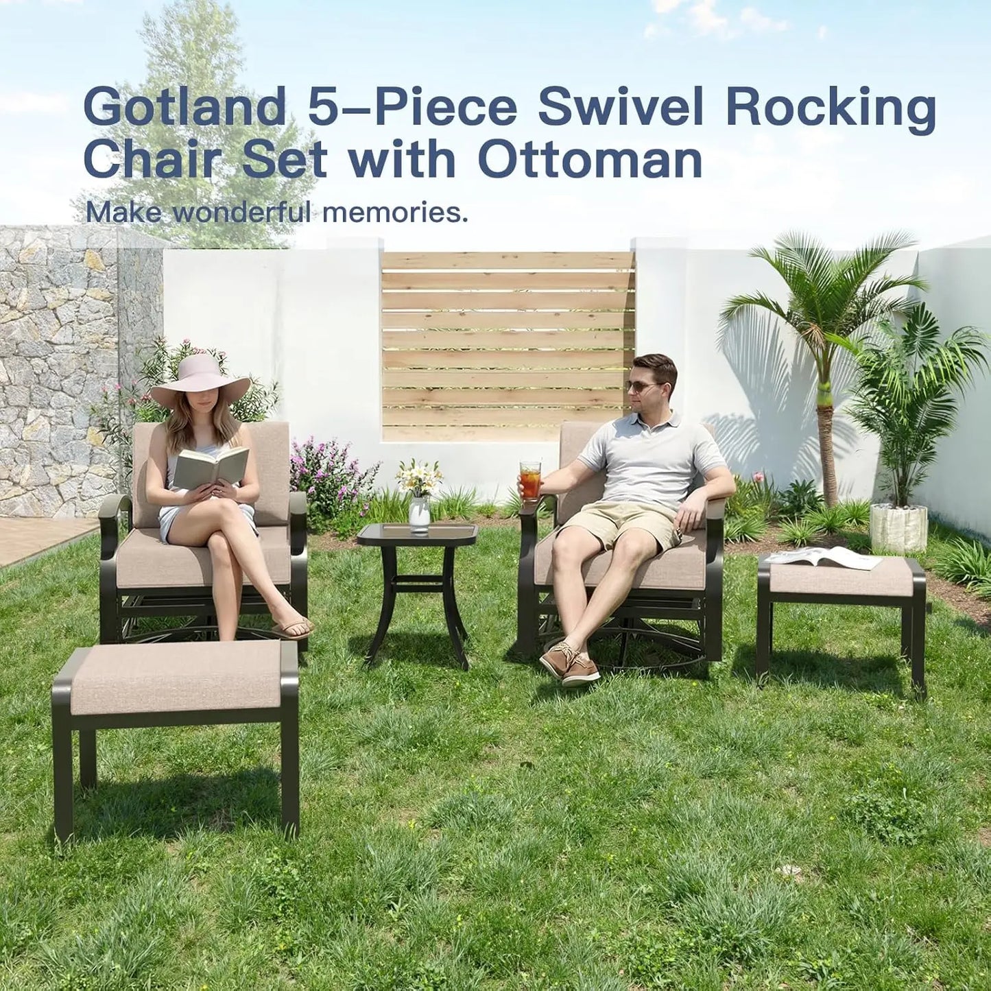 GUOHE Aluminum Patio Set With Swivel Chairs And Ottomans