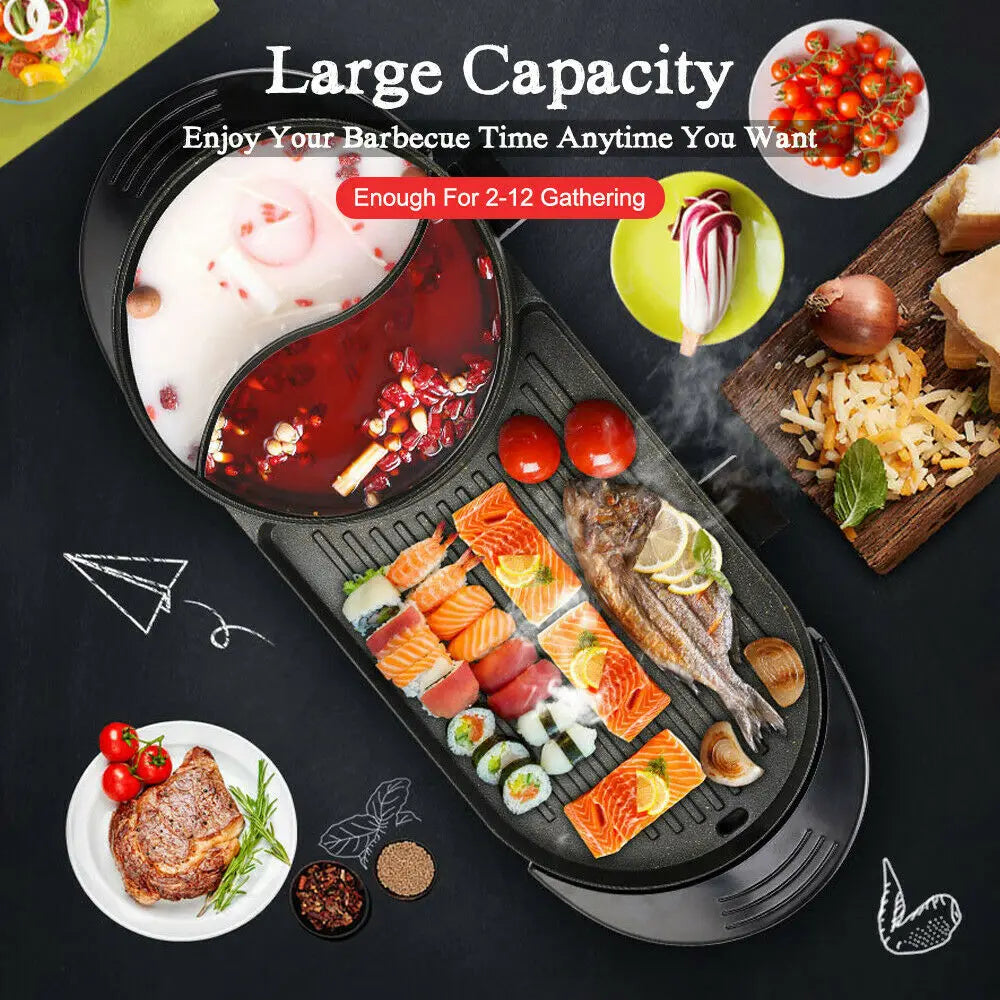 2 In 1 Portable Electric Hot Pot Grill Teppanyaki Pan