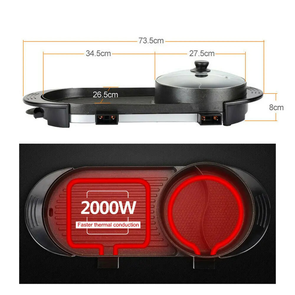 2 In 1 Portable Electric Hot Pot Grill Teppanyaki Pan
