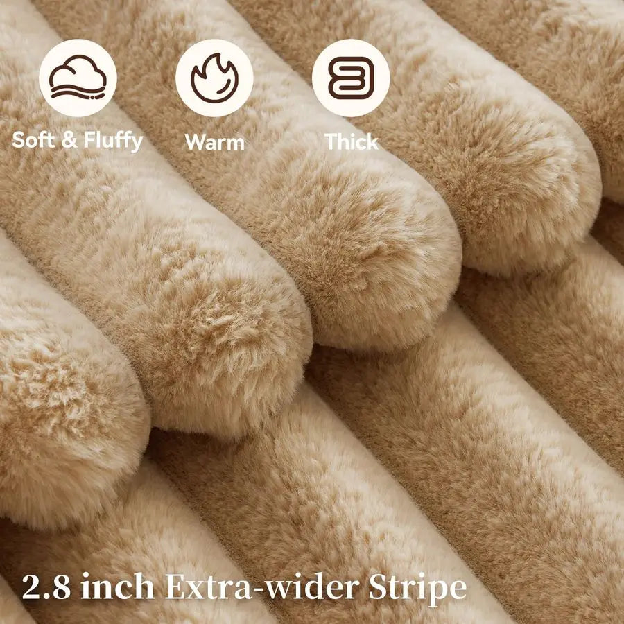 Faux Fur Throw Blanket 1000GSM Thick Plush Striped Cozy