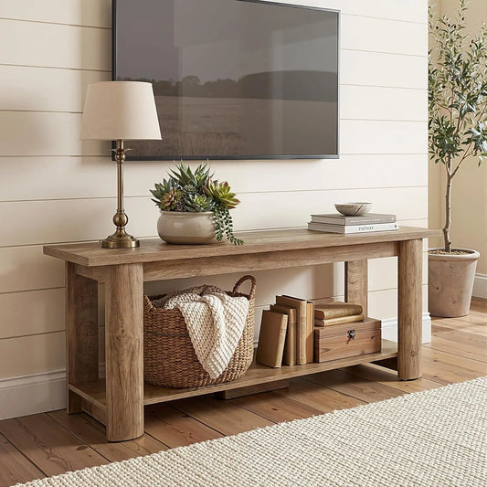Farmhouse TV Stand Entertainment Center With 2-Tier Storage Shelf
