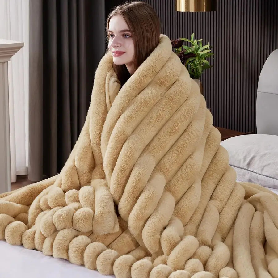 Faux Fur Throw Blanket 1000GSM Thick Plush Striped Cozy