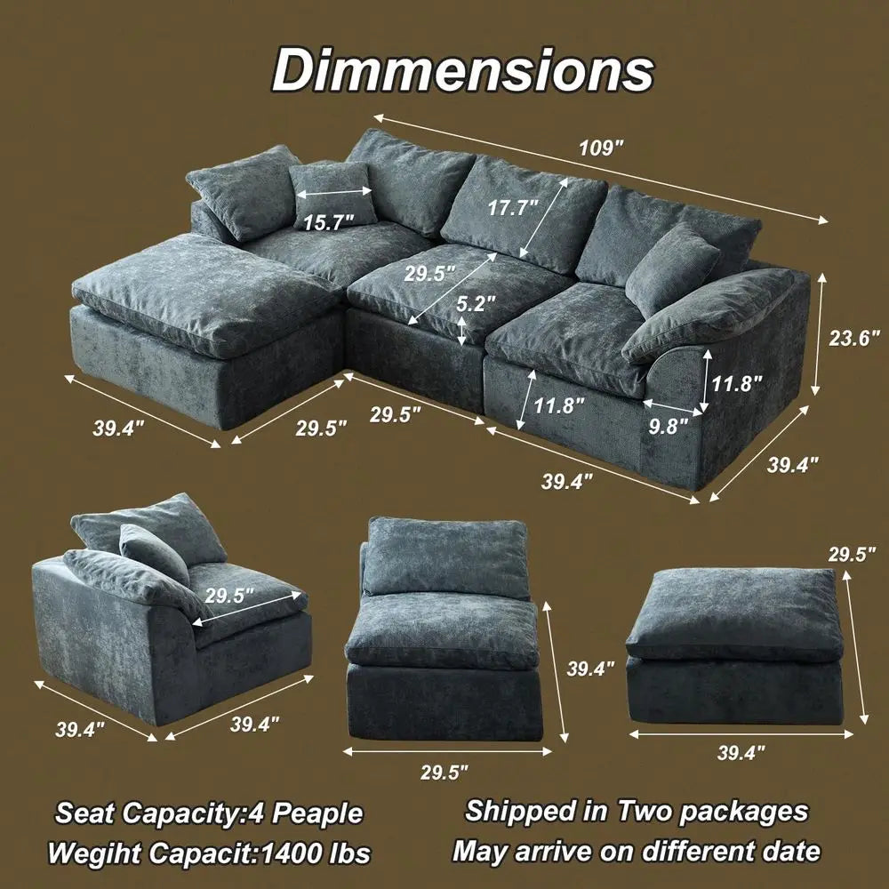 Oversized Chenille Corner Sofa With Ottoman L Shaped Sectional