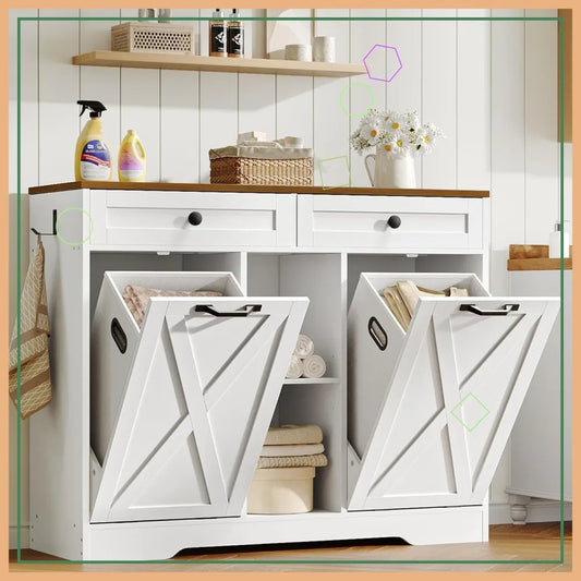 Double Tilt Out Laundry Hamper Cabinet With 2 Drawers And Shelves