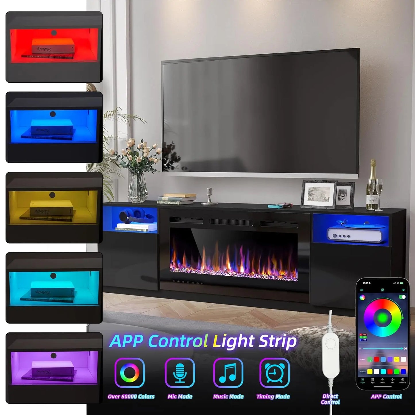 Electric Fireplace TV Stand With LED Lights Entertainment Center Storage