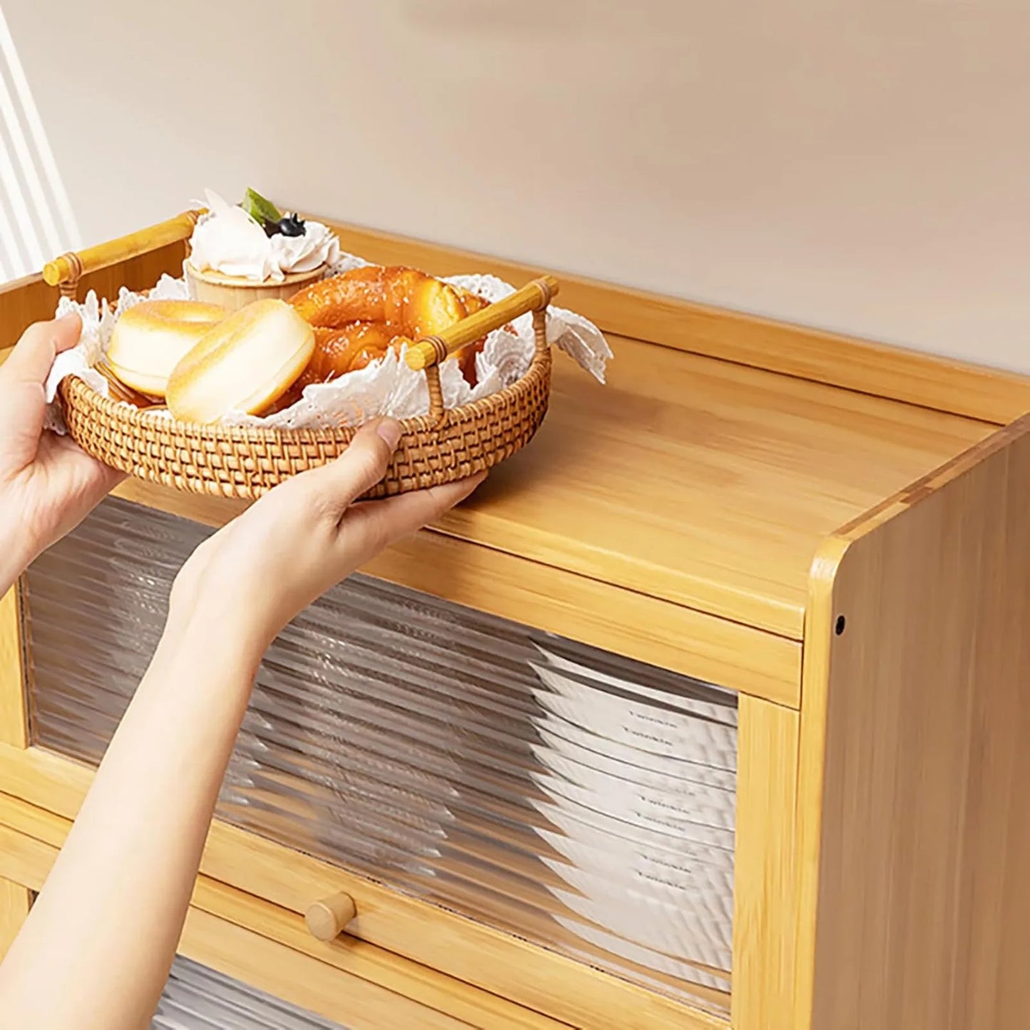 2-Tier Bamboo Kitchen Organizer Cabinet With Clear Acrylic Doors