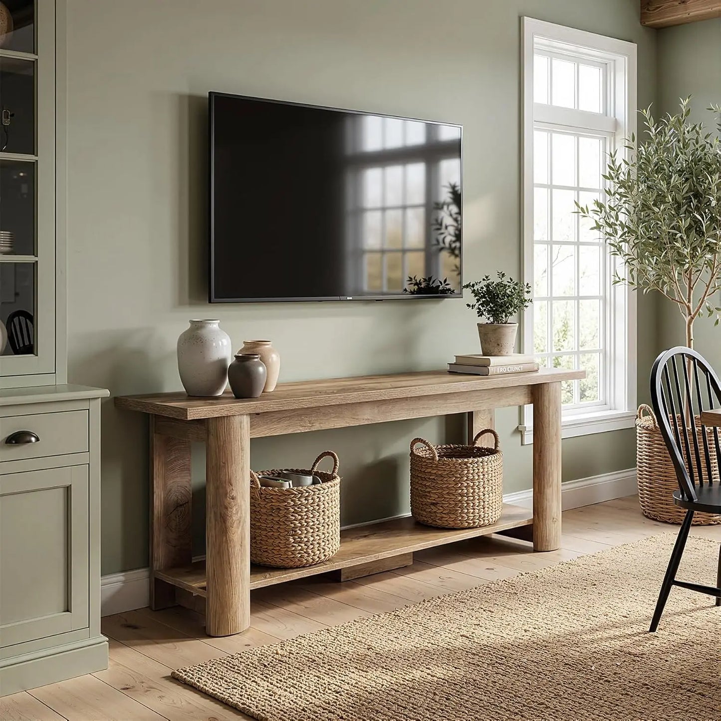Farmhouse TV Stand Entertainment Center With 2-Tier Storage Shelf