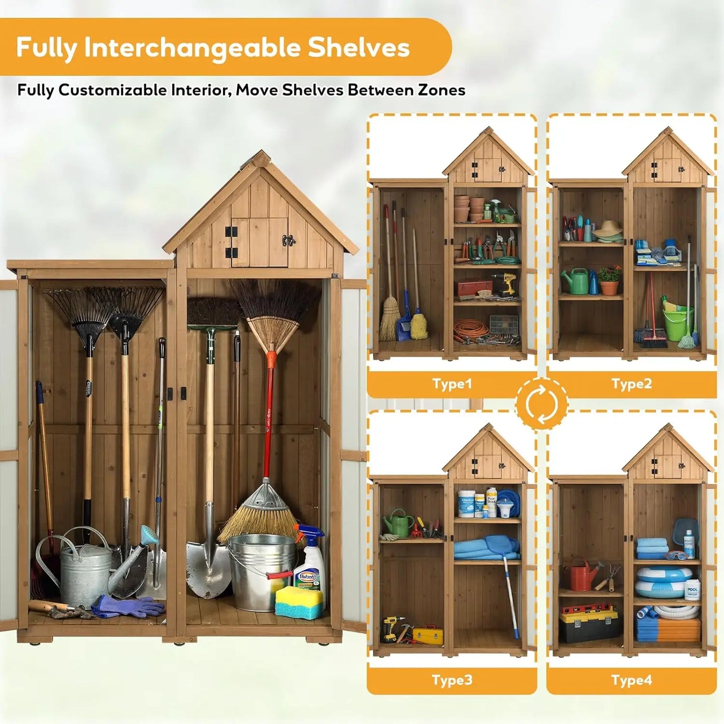 Outdoor Storage Cabinet Wood Metal Garden Shed With Lockable Doors