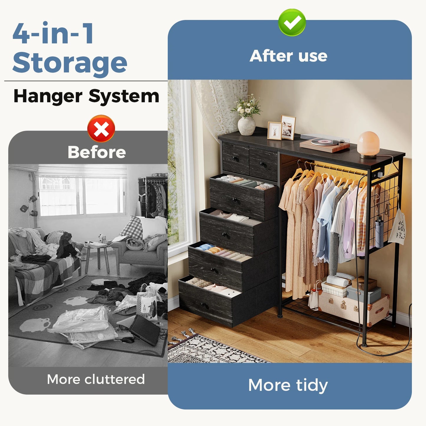 JHK Fabric Dresser With Hanging Rack Charging Station LED Lights