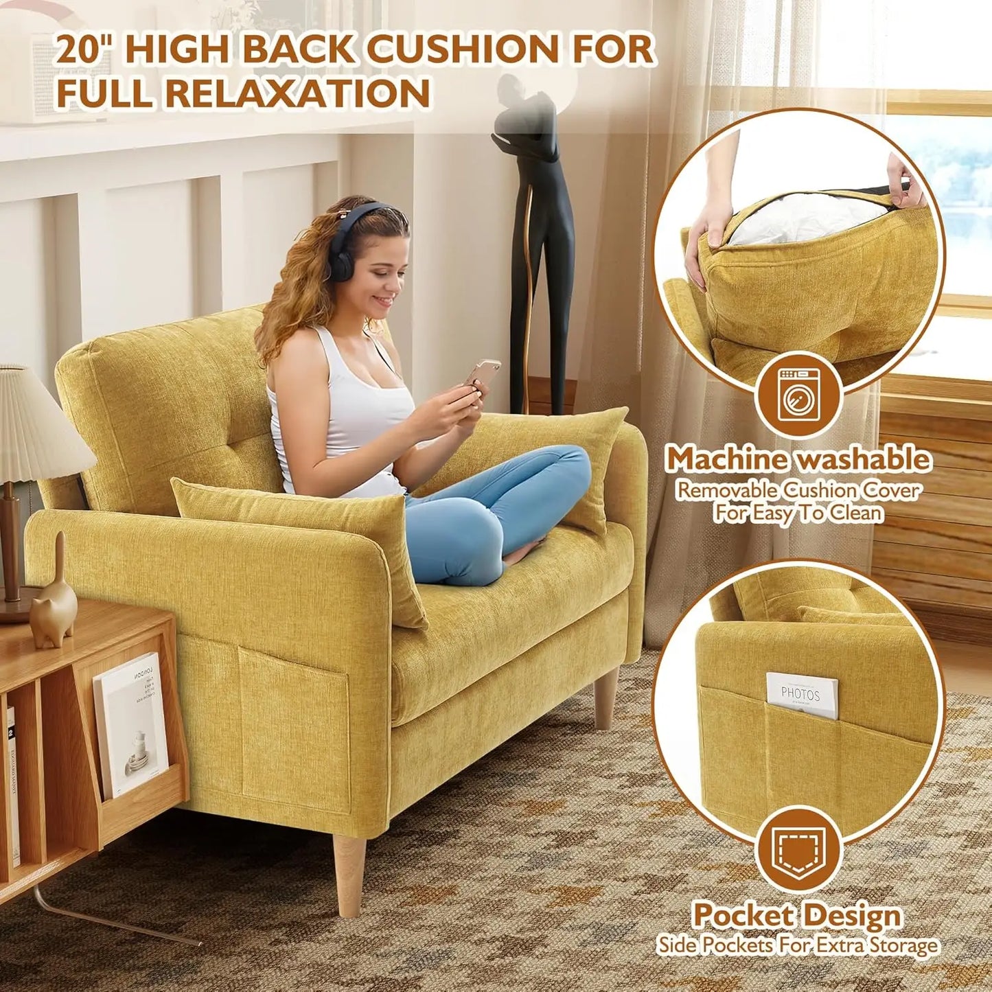 Chenille Loveseat Sofa For Bedroom With Removable Cushion Covers