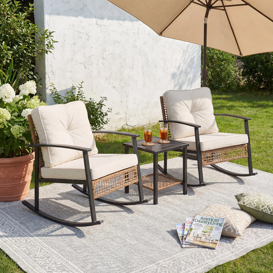 PIYRQ Rattan Rocking Chair Set Outdoor Patio Wicker Glider Seating