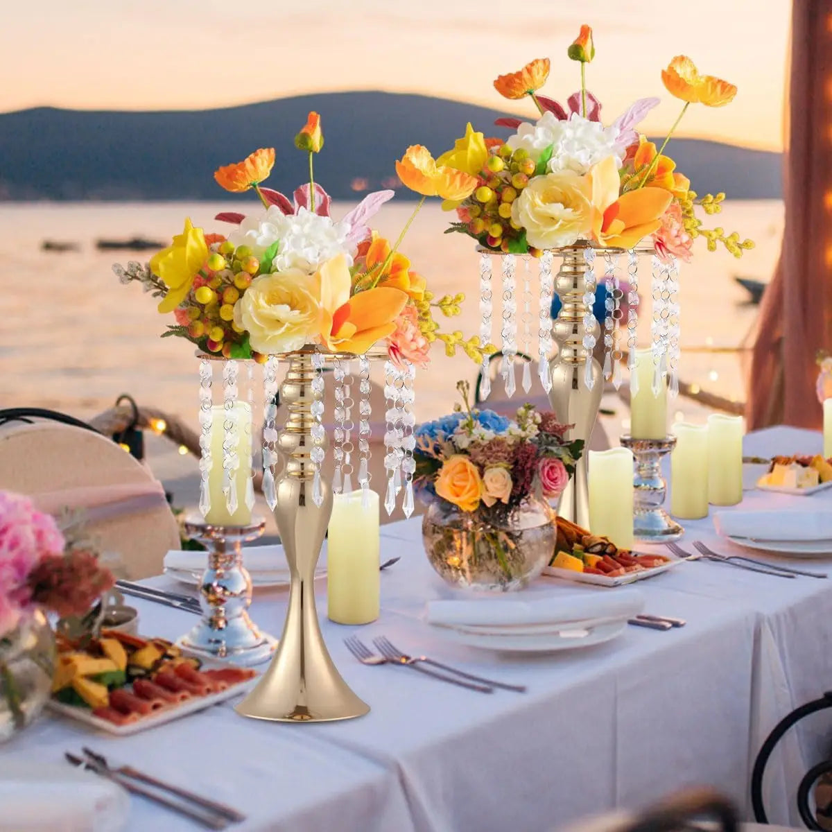 VINCIGANT Gold Metal Flower Stands With Crystal Beads Wedding Centerpieces