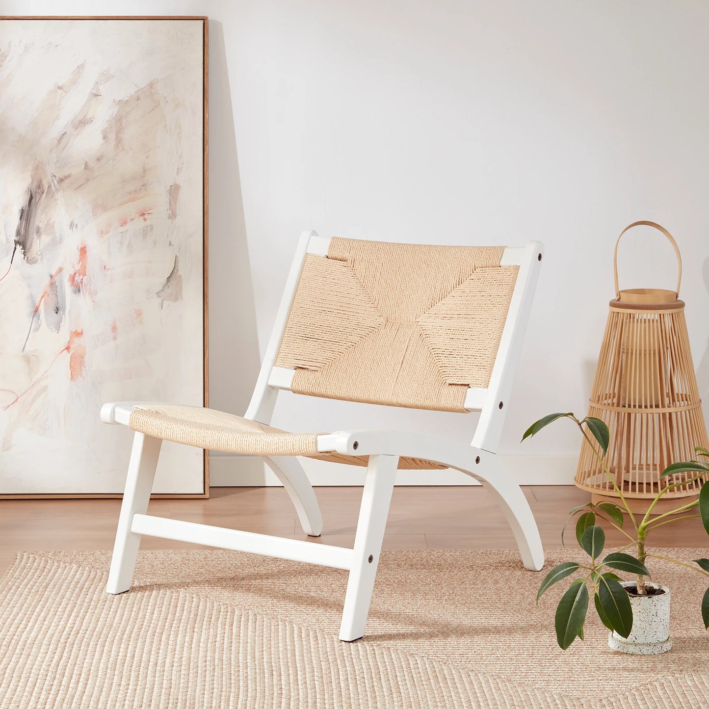 FARINI Rubberwood Modern Accent Chair with Arms Woven Mid Century