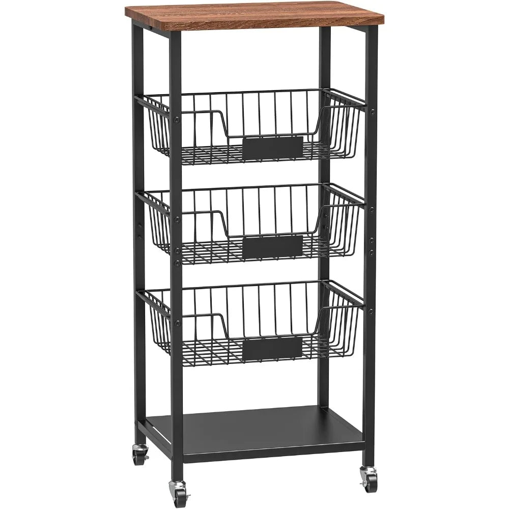 5-Tier Kitchen Storage Cart With Wood Top And Baskets