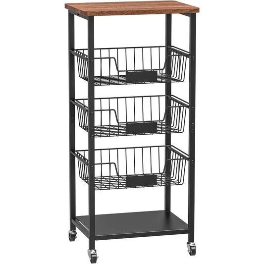 5-Tier Kitchen Storage Cart With Wood Top And Baskets