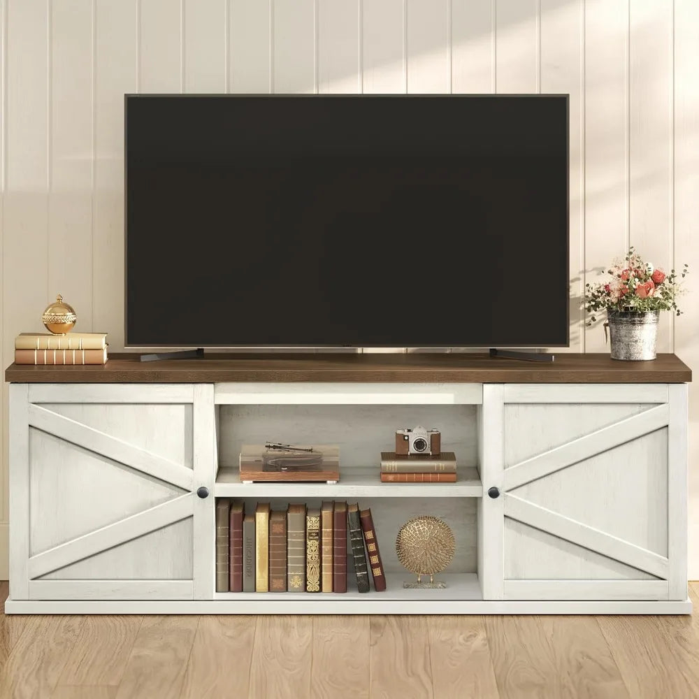 Frame Farmhouse TV Stand With Sliding Barn Doors And Cabinets