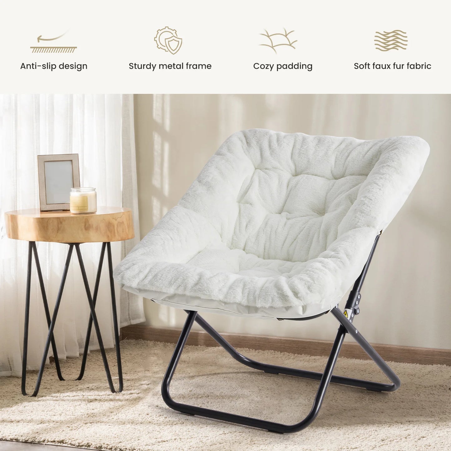 JHK Cozy Saucer Chair With Faux Fur Padded Seat Folding For Living Room
