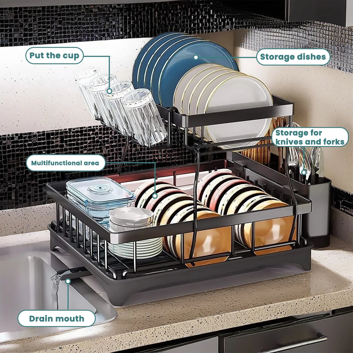 Removable Two Tier Dish Drying Rack For Kitchen Countertops